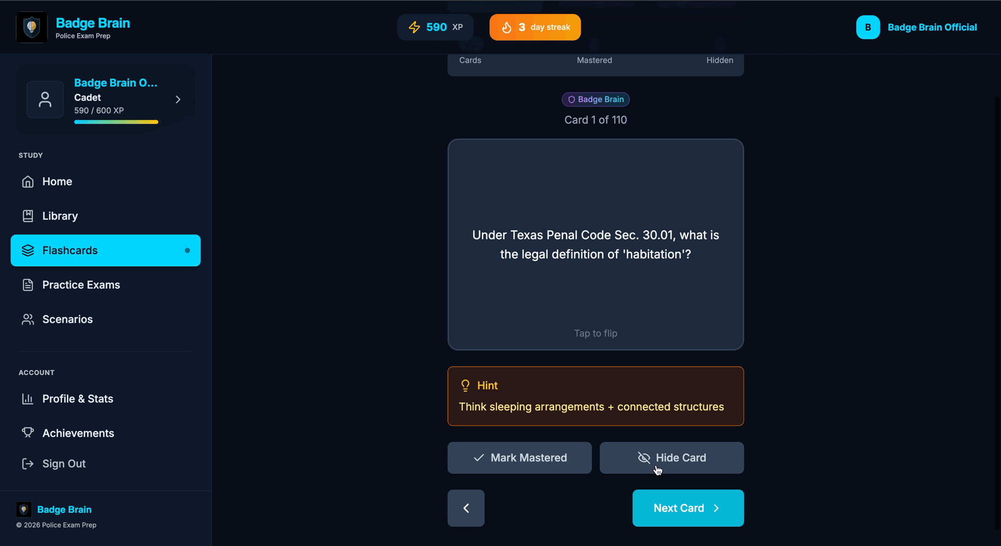 Badge Brain app demo showing flashcard study flow with XP and rank progression